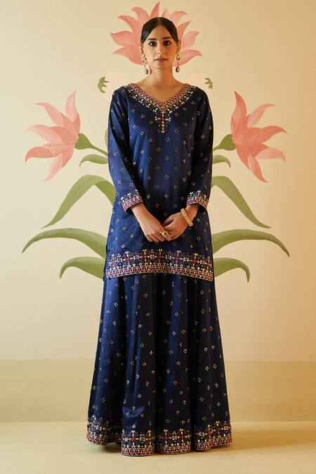 Angad Singh Blue Satin, Silk, Crepe Embroidery, Mirrors, Zari, Gota Patti Kurta Sharara Set Online at Aza Fashions Angad Singh_Blue Satin, Silk, Crepe Embroidery, Mirrors, Zari, Gota Patti Kurta Sharara Set _Online_at_Aza_Fashions