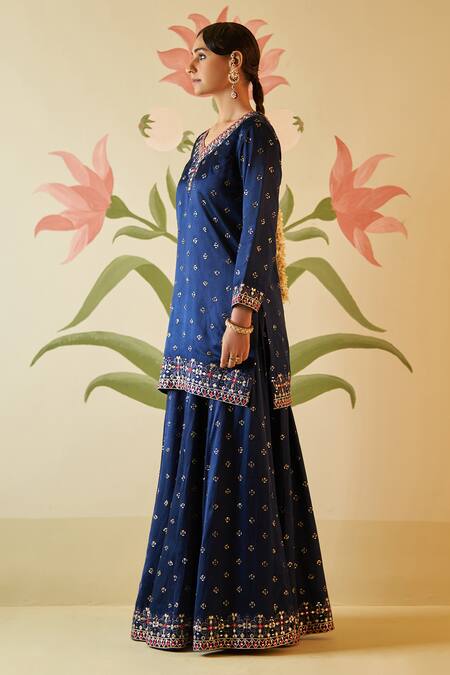 Buy Angad Singh Blue Satin, Silk, Crepe Embroidery, Mirrors, Zari, Gota Patti Kurta Sharara Set Online at Aza Fashions Buy_Angad Singh_Blue Satin, Silk, Crepe Embroidery, Mirrors, Zari, Gota Patti Kurta Sharara Set _Online_at_Aza_Fashions