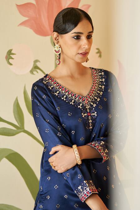 Angad Singh Blue Satin, Silk, Crepe Embroidery, Mirrors, Zari, Gota Patti Kurta Sharara Set at Aza Fashions Angad Singh_Blue Satin, Silk, Crepe Embroidery, Mirrors, Zari, Gota Patti Kurta Sharara Set _at_Aza_Fashions