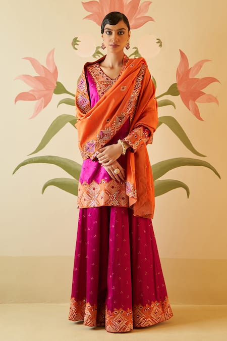 Angad Singh Pink Satin Silk Embroidered Floral V Neck Applique Gota Patti Kurta Sharara Set