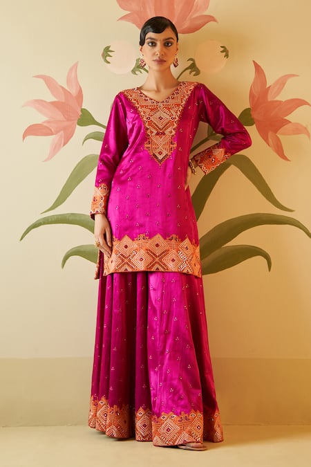 Angad Singh Pink Satin, Silk, Crepe Embroidery, Gota Patti, Applique Kurta Sharara Set Online at Aza Fashions Angad Singh_Pink Satin, Silk, Crepe Embroidery, Gota Patti, Applique Kurta Sharara Set _Online_at_Aza_Fashions