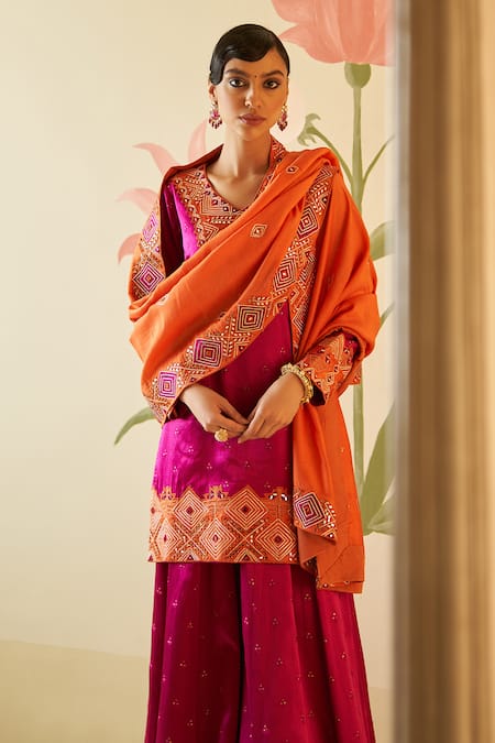 Buy Angad Singh Pink Satin, Silk, Crepe Embroidery, Gota Patti, Applique Kurta Sharara Set Buy_Angad Singh_Pink Satin, Silk, Crepe Embroidery, Gota Patti, Applique Kurta Sharara Set