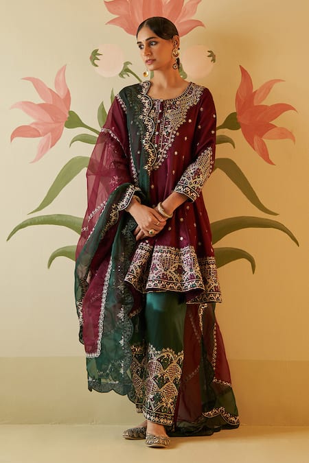 Angad Singh Wine Silk Embroidered Floral Round Gota Patti Anarkali Set