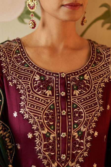 Shop Angad Singh Wine Silk, Crepe Embroidery Round Neck Gota Patti Anarkali Set Online at Aza Fashions Shop_Angad Singh_Wine Silk, Crepe Embroidery Round Neck Gota Patti Anarkali Set _Online_at_Aza_Fashions