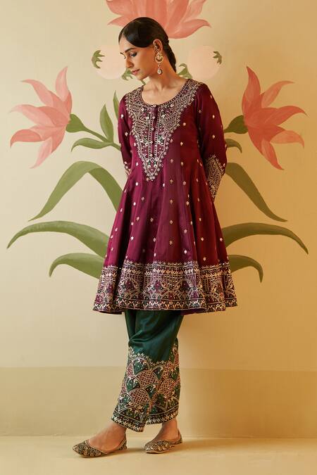 Angad Singh Wine Silk, Crepe Embroidery Round Neck Gota Patti Anarkali Set at Aza Fashions Angad Singh_Wine Silk, Crepe Embroidery Round Neck Gota Patti Anarkali Set _at_Aza_Fashions