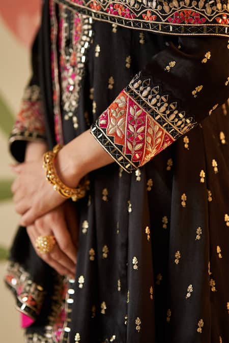 Buy_Angad Singh_Black Satin, Silk, Crepe Embroidery, Mirrors Round Neck Thread Anarkali Set _Online_at_Aza_Fashions