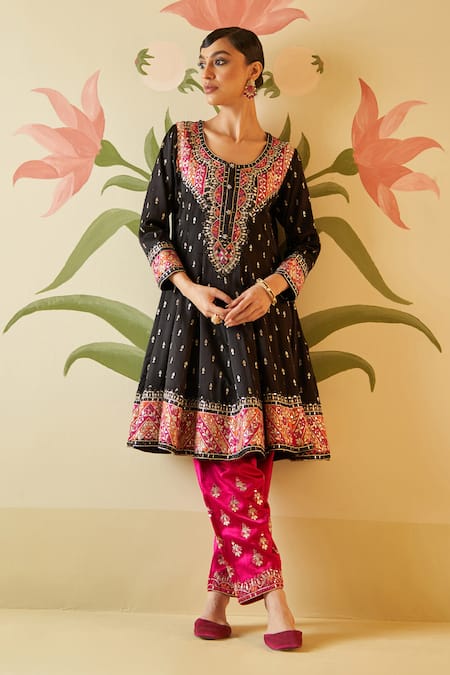 Angad Singh_Black Satin, Silk, Crepe Embroidery, Mirrors Round Neck Thread Anarkali Set _at_Aza_Fashions