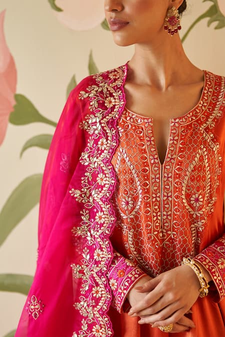 Angad Singh_Orange Satin, Silk, Crepe, Chiffon Mirrors, Embroidery Split V-neck Anarkali Set _Online_at_Aza_Fashions