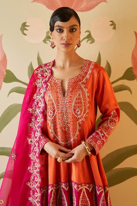 Buy_Angad Singh_Orange Satin, Silk, Crepe, Chiffon Mirrors, Embroidery Split V-neck Anarkali Set _Online_at_Aza_Fashions