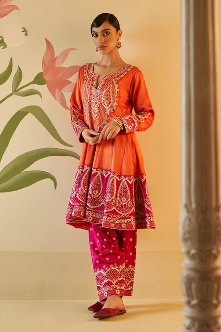 Angad Singh_Orange Satin, Silk, Crepe, Chiffon Mirrors, Embroidery Split V-neck Anarkali Set _at_Aza_Fashions