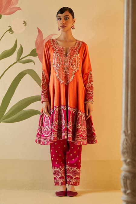 Buy_Angad Singh_Orange Satin, Silk, Crepe, Chiffon Mirrors, Embroidery Split V-neck Anarkali Set 