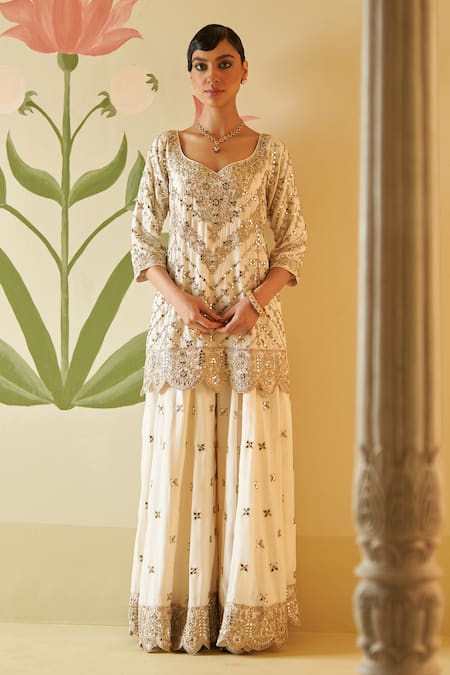 Angad Singh_Ivory Silk, Crepe Embroidery, Gota Patti, Mirrors, Zari, Kurta Sharara Set _Online_at_Aza_Fashions