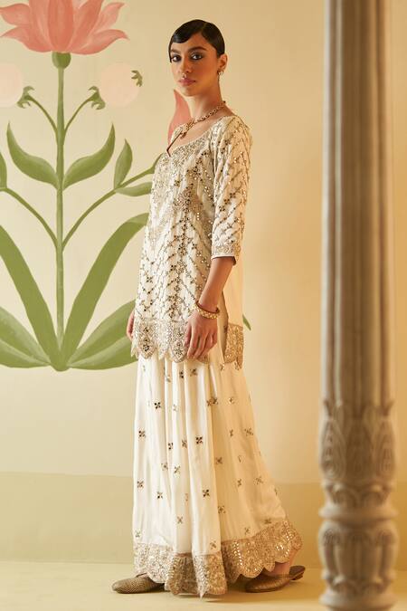 Buy_Angad Singh_Ivory Silk, Crepe Embroidery, Gota Patti, Mirrors, Zari, Kurta Sharara Set _Online_at_Aza_Fashions