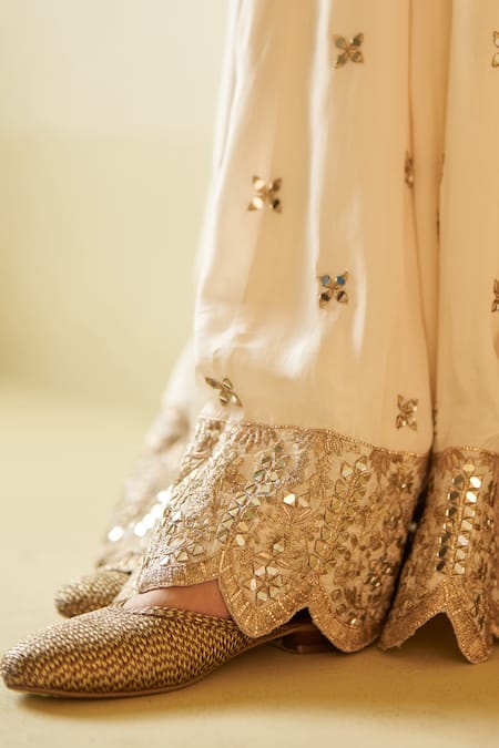 Angad Singh_Ivory Silk, Crepe Embroidery, Gota Patti, Mirrors, Zari, Kurta Sharara Set _at_Aza_Fashions