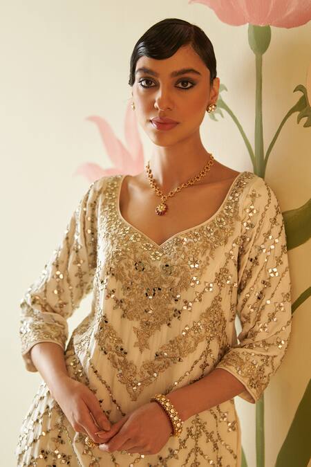 Buy_Angad Singh_Ivory Silk, Crepe Embroidery, Gota Patti, Mirrors, Zari, Kurta Sharara Set 