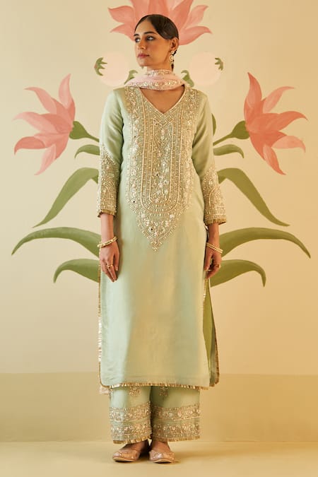 Angad Singh Green Tissue Embroidery Floral V Neck Zardozi Kurta Pant Set 