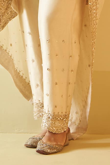 Angad Singh_Ivory Silk, Crepe Cut Work, Sequins, Pearls Embroidered Short Anarkali Pant Set _Online_at_Aza_Fashions