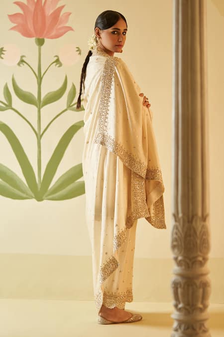Buy_Angad Singh_Ivory Silk, Crepe Cut Work, Sequins, Pearls Embroidered Short Anarkali Pant Set _Online_at_Aza_Fashions