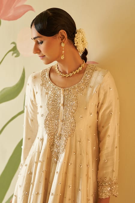 Angad Singh_Ivory Silk, Crepe Cut Work, Sequins, Pearls Embroidered Short Anarkali Pant Set _at_Aza_Fashions