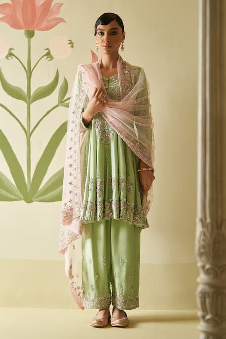 Angad Singh Green Silk Embroidery Floral Tear Drop Neck Anarkali Pant Set
