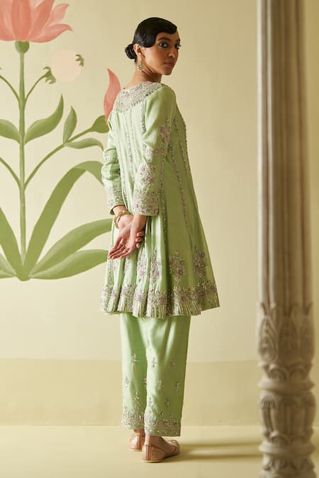 Angad Singh Silk Floral Embroidered Anarkali Pant Set 
