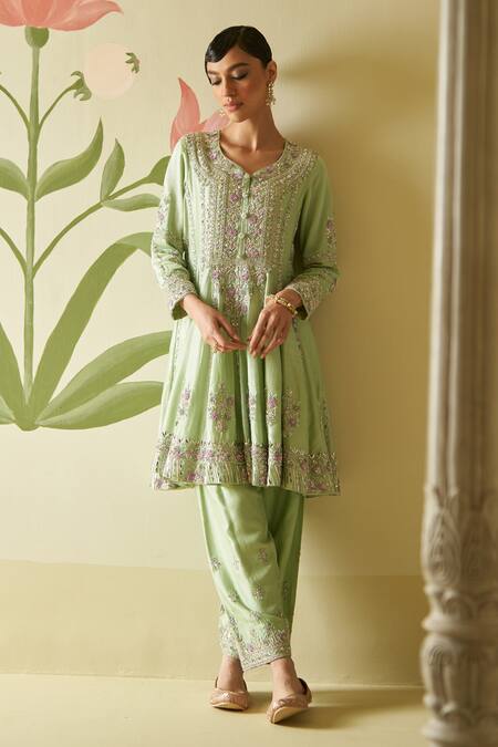 Angad Singh Green Silk, Crepe Embroidery Floral Anarkali Pant Set Online at Aza Fashions Angad Singh_Green Silk, Crepe Embroidery Floral Anarkali Pant Set _Online_at_Aza_Fashions
