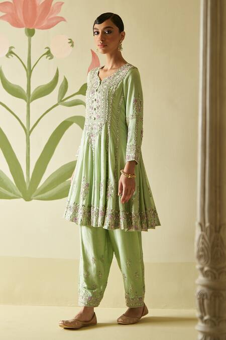 Buy Angad Singh Green Silk, Crepe Embroidery Floral Anarkali Pant Set Online at Aza Fashions Buy_Angad Singh_Green Silk, Crepe Embroidery Floral Anarkali Pant Set _Online_at_Aza_Fashions