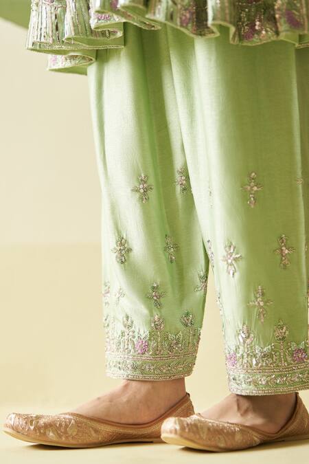 Shop Angad Singh Green Silk, Crepe Embroidery Floral Anarkali Pant Set Online at Aza Fashions Shop_Angad Singh_Green Silk, Crepe Embroidery Floral Anarkali Pant Set _Online_at_Aza_Fashions