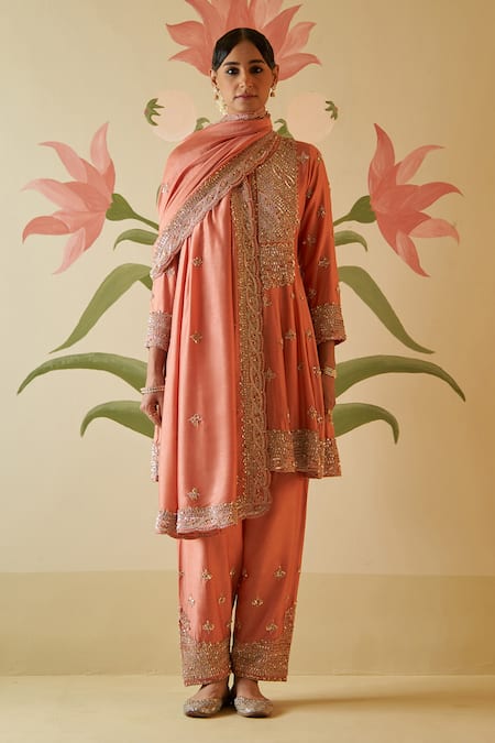 Angad Singh Peach Silk Embroidery Pearl V Neck Crystal Anarkali Pant Set 