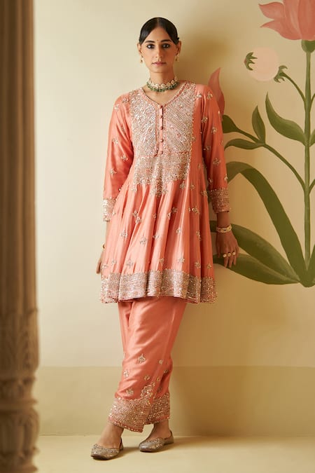 Angad Singh Peach Silk, Crepe Crystals, Pearls, Sequins, Embroidery V-neck Anarkali Pant Set Online at Aza Fashions Angad Singh_Peach Silk, Crepe Crystals, Pearls, Sequins, Embroidery V-neck Anarkali Pant Set _Online_at_Aza_Fashions