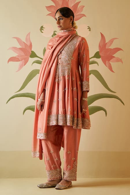 Buy Angad Singh Peach Silk, Crepe Crystals, Pearls, Sequins, Embroidery V-neck Anarkali Pant Set Online at Aza Fashions Buy_Angad Singh_Peach Silk, Crepe Crystals, Pearls, Sequins, Embroidery V-neck Anarkali Pant Set _Online_at_Aza_Fashions