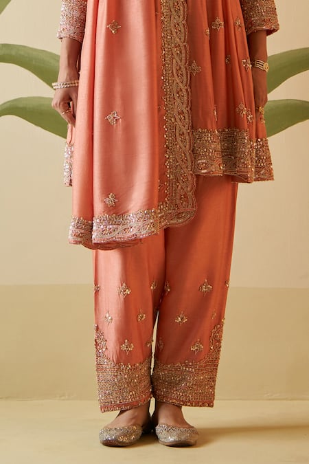 Shop Angad Singh Peach Silk, Crepe Crystals, Pearls, Sequins, Embroidery V-neck Anarkali Pant Set Online at Aza Fashions Shop_Angad Singh_Peach Silk, Crepe Crystals, Pearls, Sequins, Embroidery V-neck Anarkali Pant Set _Online_at_Aza_Fashions