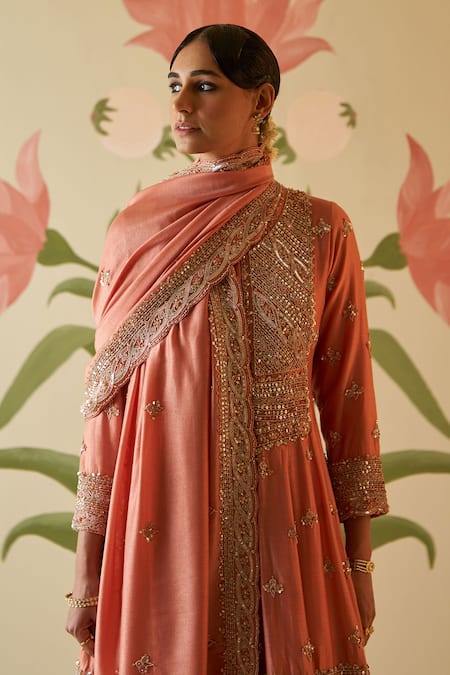 Angad Singh Peach Silk, Crepe Crystals, Pearls, Sequins, Embroidery V-neck Anarkali Pant Set at Aza Fashions Angad Singh_Peach Silk, Crepe Crystals, Pearls, Sequins, Embroidery V-neck Anarkali Pant Set _at_Aza_Fashions