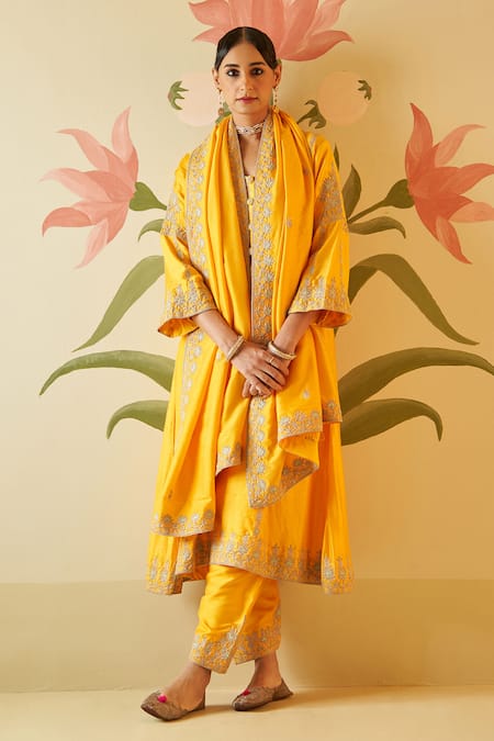 Angad Singh Yellow Chanderi Embroidery Rose Gold Zari Round Neck Kurta Pant Set