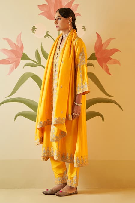 Angad Singh_Yellow Chanderi, Crepe Zari, Embroidery Round Neck Kurta Pant Set _Online_at_Aza_Fashions