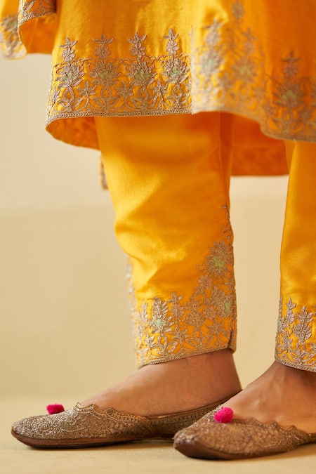 Shop_Angad Singh_Yellow Chanderi, Crepe Zari, Embroidery Round Neck Kurta Pant Set _Online_at_Aza_Fashions