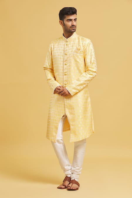 Aryavir Malhotra Yellow Sherwani Banarasi Jacquard Woven Floral With Churidar 