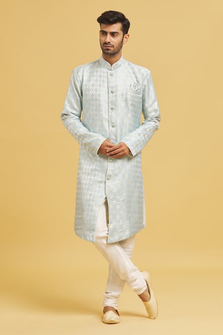 Aryavir Malhotra Sky Blue Sherwani Banarasi Jacquard Woven Floral Geometric With Churidar 