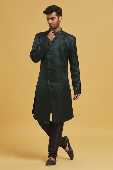 Aryavir Malhotra Green Sherwani Imp. Soft Jacquard Woven Paisley Pattern With Churidar 