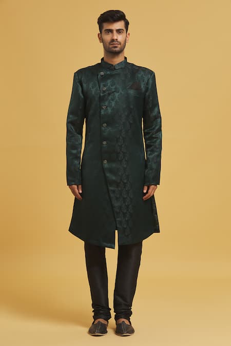 Buy_Arihant Rai Sinha_Green Silk, Jacquard Paisley Pattern Sherwani With Churidar _Online_at_Aza_Fashions