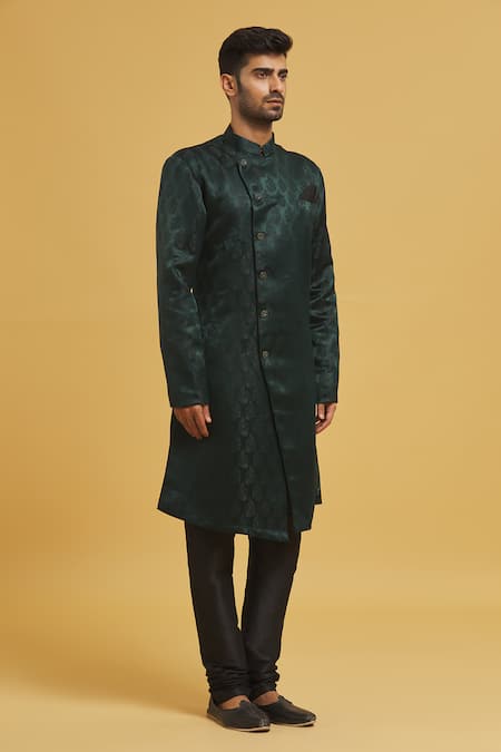 Shop_Arihant Rai Sinha_Green Silk, Jacquard Paisley Pattern Sherwani With Churidar _Online_at_Aza_Fashions