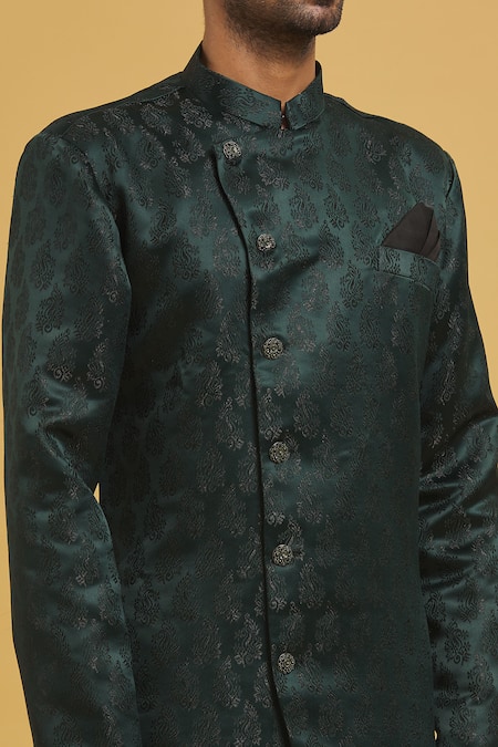 Arihant Rai Sinha_Green Silk, Jacquard Paisley Pattern Sherwani With Churidar _at_Aza_Fashions