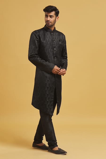 Buy Arihant Rai Sinha Black Silk, Jacquard Embroidery Paisley Pattern Woven Sherwani With Churidar Online at Aza Fashions Buy_Arihant Rai Sinha_Black Silk, Jacquard Embroidery Paisley Pattern Woven Sherwani With Churidar _Online_at_Aza_Fashions