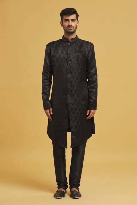 Shop Arihant Rai Sinha Black Silk, Jacquard Embroidery Paisley Pattern Woven Sherwani With Churidar Online at Aza Fashions Shop_Arihant Rai Sinha_Black Silk, Jacquard Embroidery Paisley Pattern Woven Sherwani With Churidar _Online_at_Aza_Fashions