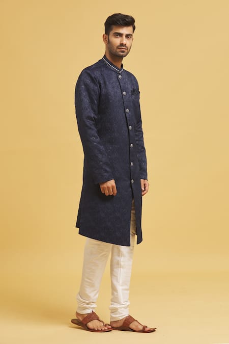 Arihant Rai Sinha_Blue Silk, Jacquard Tonal Foliage Pattern Sherwani With Churidar _Online_at_Aza_Fashions