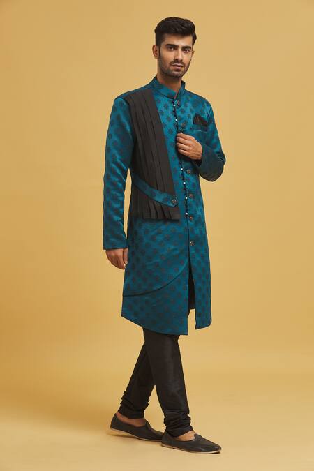 Arihant Rai Sinha_Blue Silk, Jacquard Embroidery Stone Embellished Drape Sherwani With Churidar _Online_at_Aza_Fashions