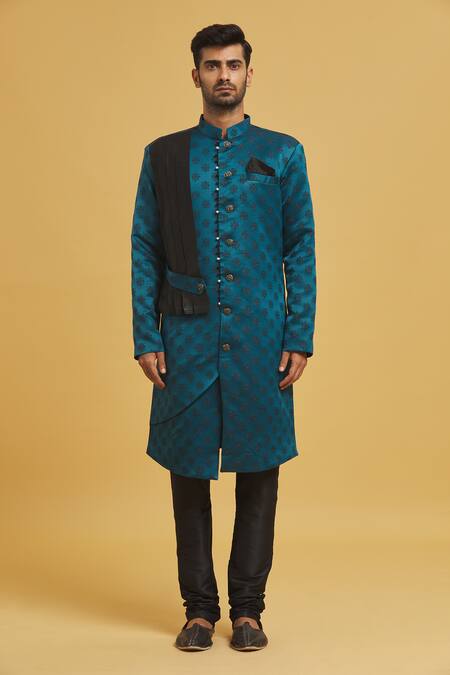 Buy_Arihant Rai Sinha_Blue Silk, Jacquard Embroidery Stone Embellished Drape Sherwani With Churidar _Online_at_Aza_Fashions