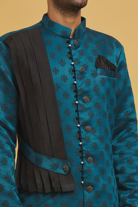 Shop_Arihant Rai Sinha_Blue Silk, Jacquard Embroidery Stone Embellished Drape Sherwani With Churidar _Online_at_Aza_Fashions