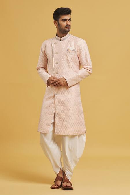 Arihant Rai Sinha_Peach Silk Embroidery Floral Jaal Pattern Sherwani With Dhoti Pant _Online_at_Aza_Fashions