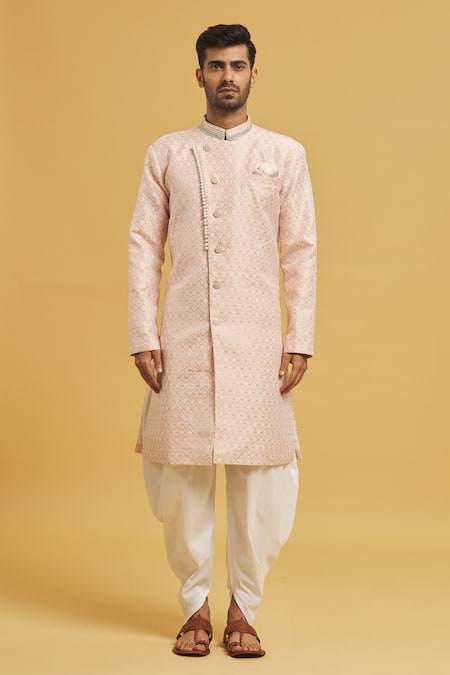 Buy_Arihant Rai Sinha_Peach Silk Embroidery Floral Jaal Pattern Sherwani With Dhoti Pant _Online_at_Aza_Fashions